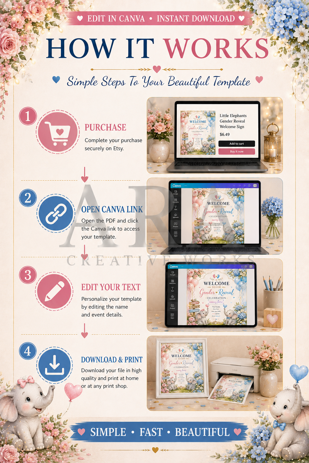 Little Elephants Gender Reveal Welcome Sign | Editable Canva Template | Pink Blue Baby Reveal Sign | Printable Gender Reveal Decor