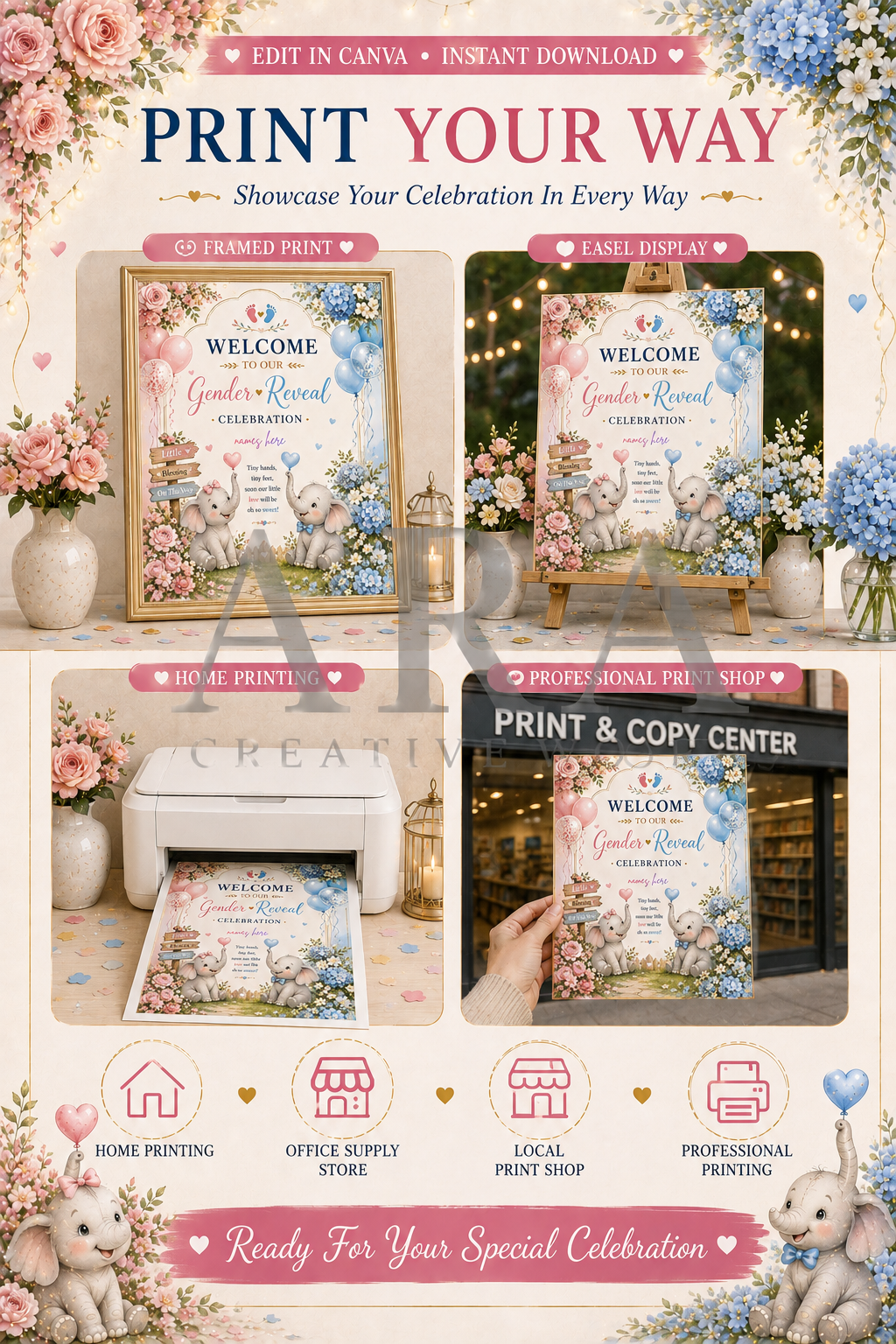 Little Elephants Gender Reveal Welcome Sign | Editable Canva Template | Pink Blue Baby Reveal Sign | Printable Gender Reveal Decor