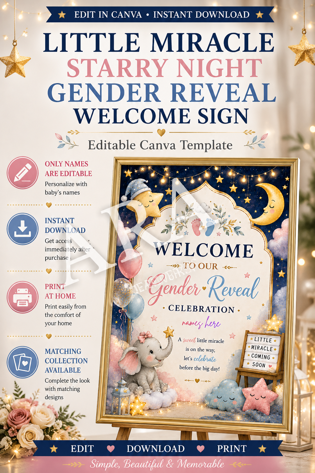 Little Miracle Starry Night Gender Reveal Welcome Sign, Editable Canva Template, Gender Reveal Party Sign, Pink Blue Baby Welcome Sign