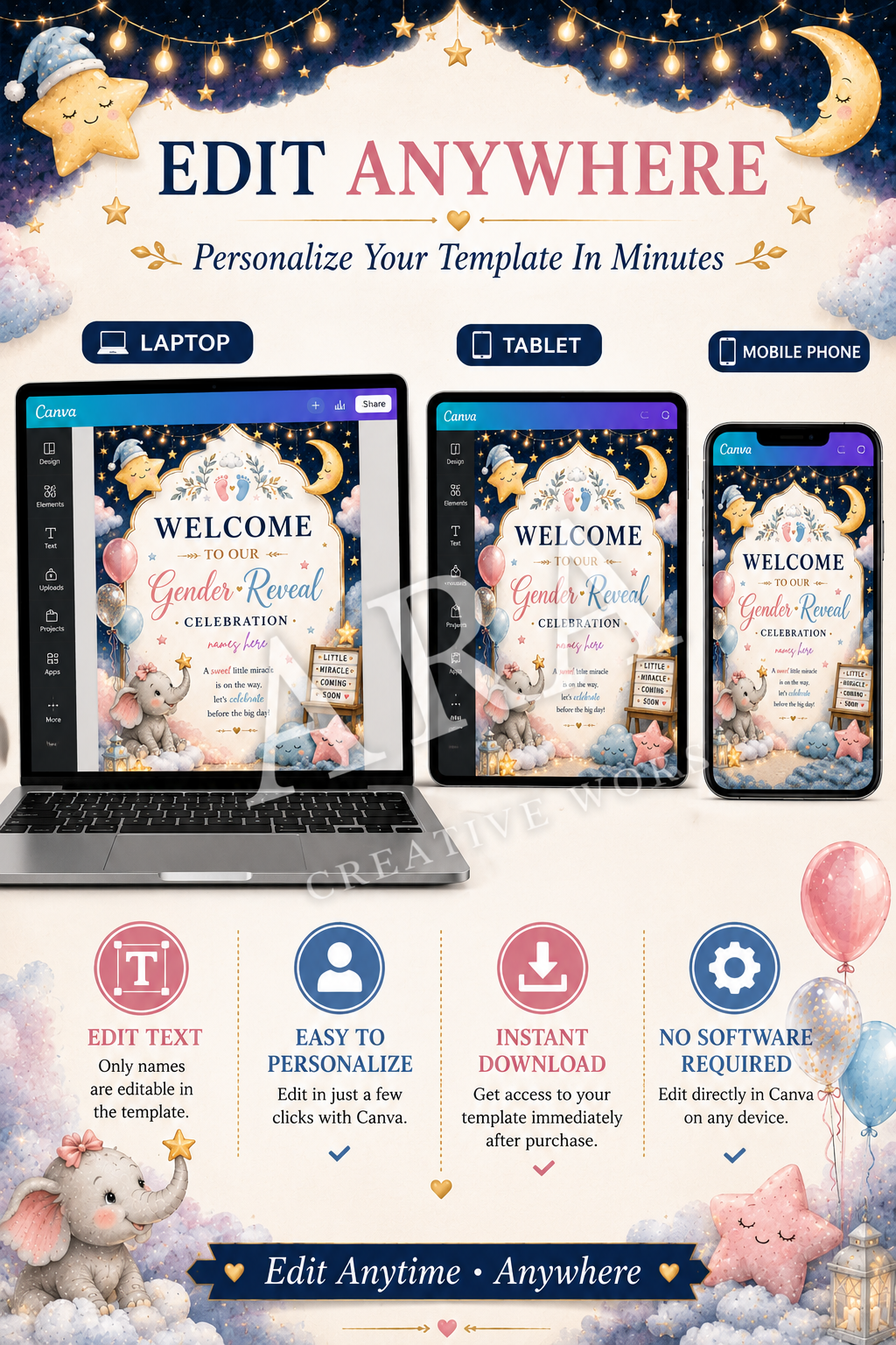 Little Miracle Starry Night Gender Reveal Welcome Sign, Editable Canva Template, Gender Reveal Party Sign, Pink Blue Baby Welcome Sign