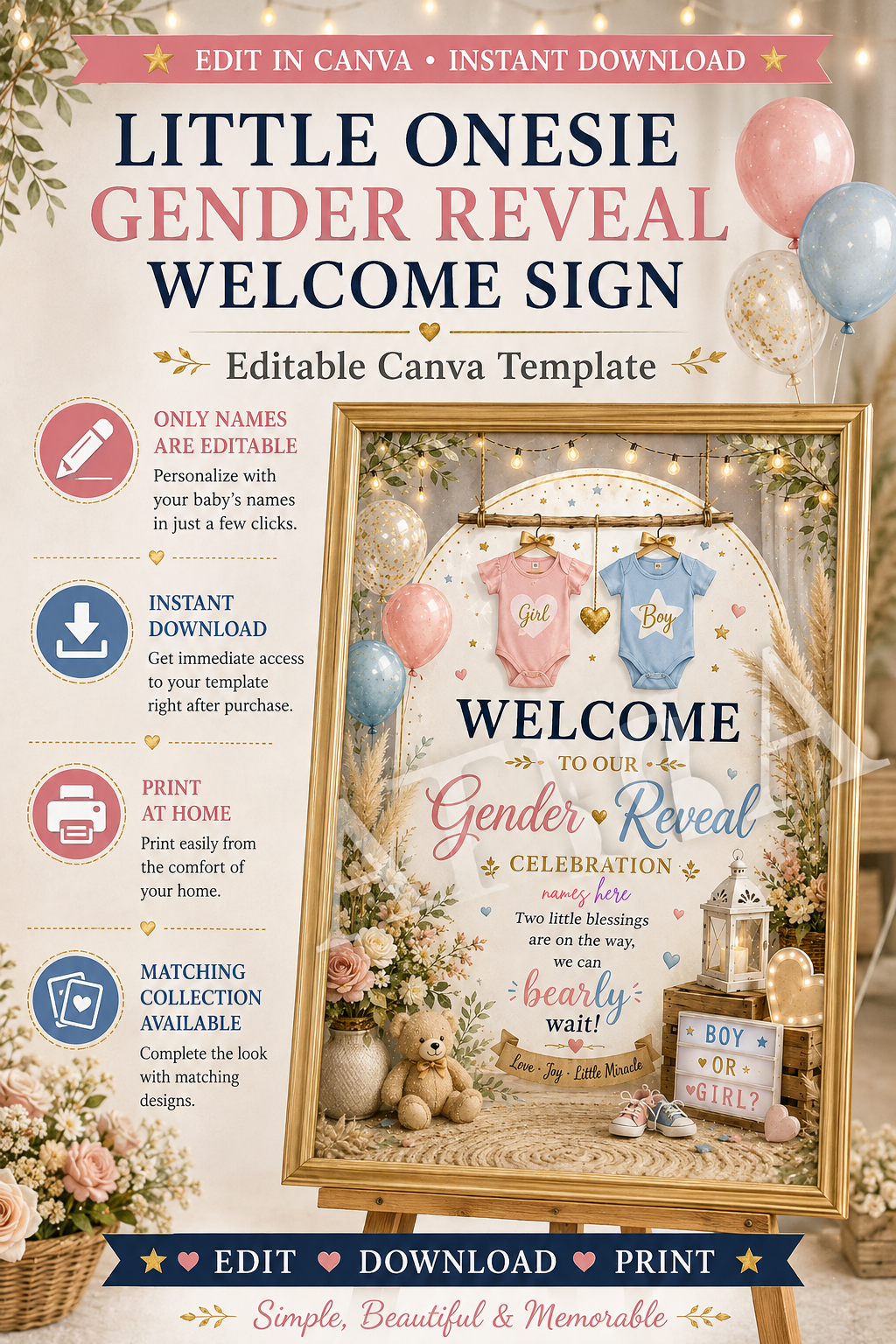 Little Onesie Gender Reveal Welcome Sign | Editable Canva Template | Boy or Girl Baby Reveal Sign | Pink Blue Gender Reveal Decor | Instant Download