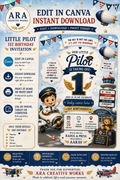 Little Pilot 1st Birthday Invitation Template | Editable Canva Airplane Birthday Invite | Instant Digital Download