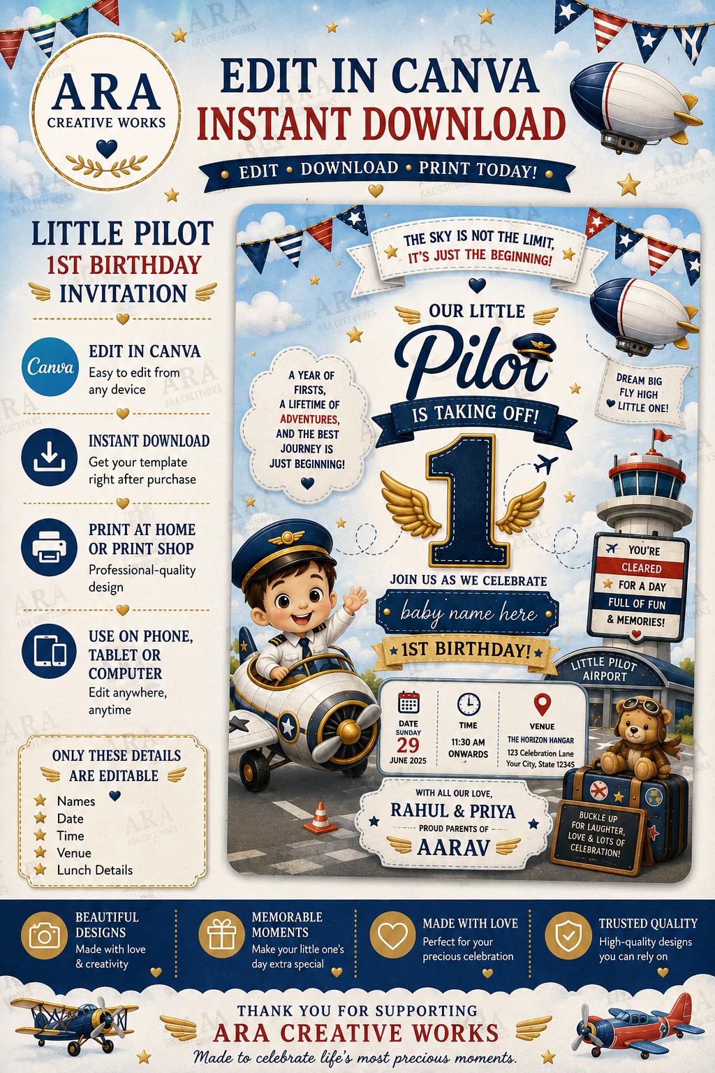 Little Pilot 1st Birthday Invitation Template | Editable Canva Airplane Birthday Invite | Instant Digital Download