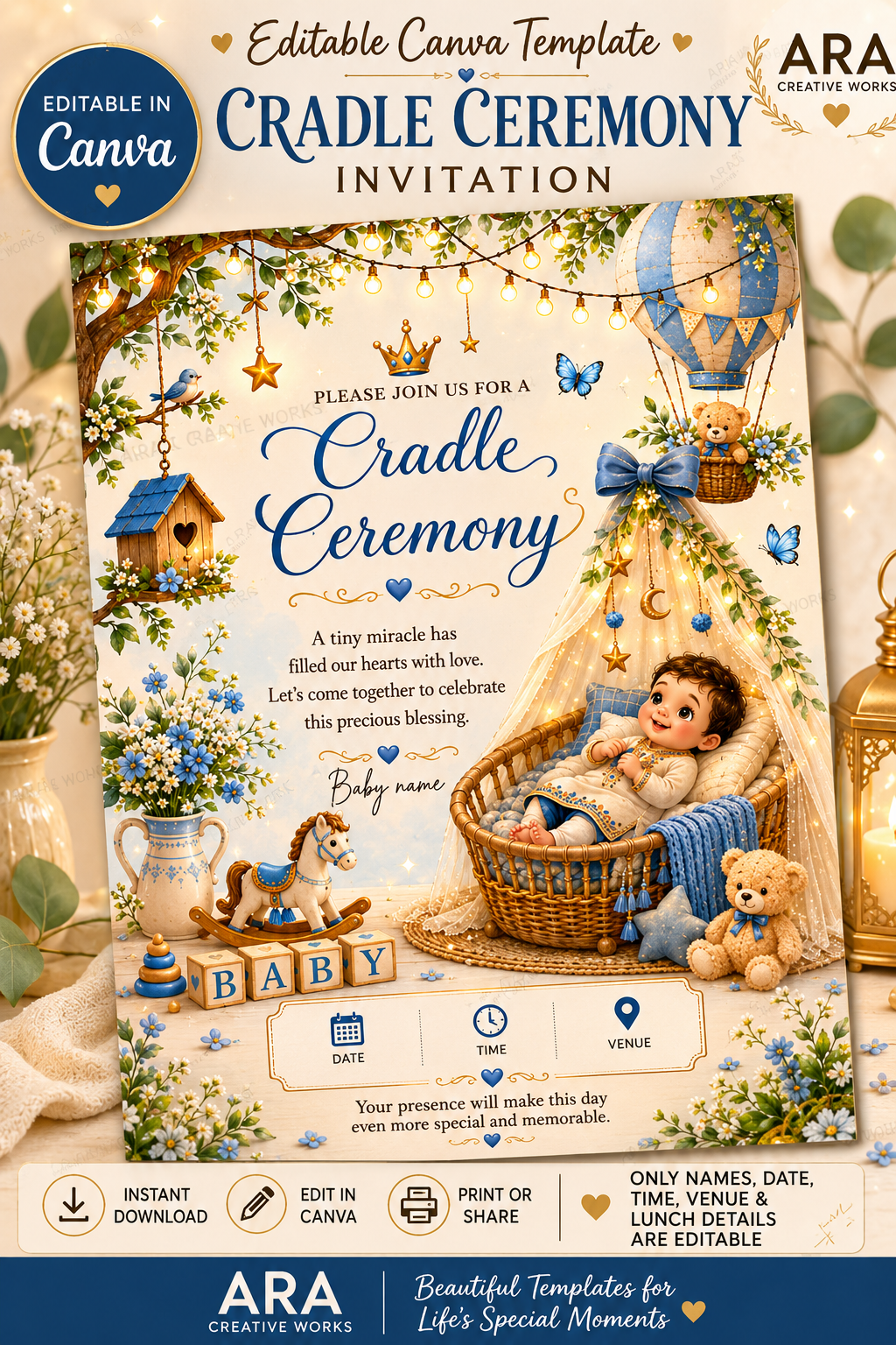 Little Prince Cradle Ceremony Invitation | Editable Canva Template | Royal Baby Boy Naming Invitation | Instant Download