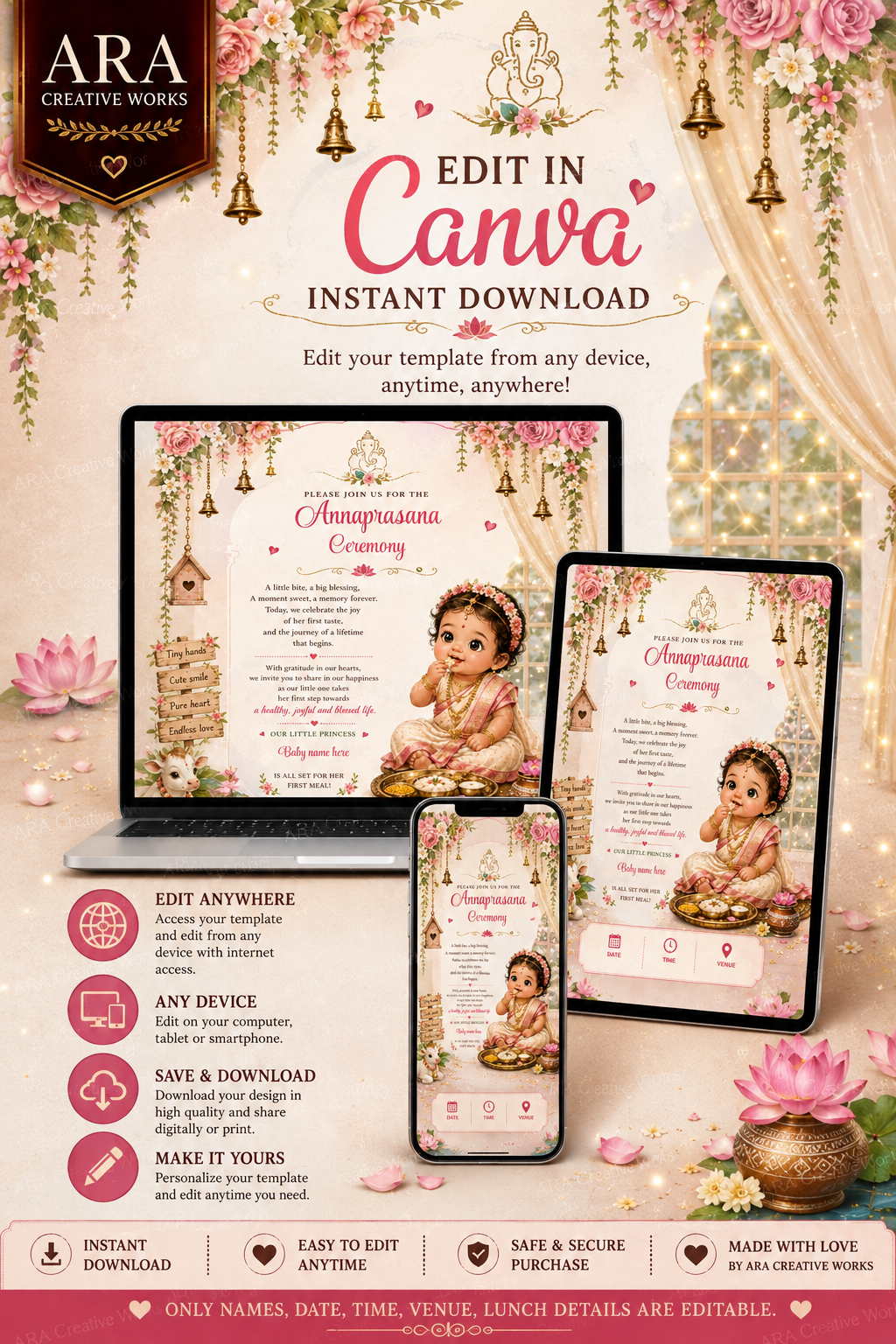 Little Princess Floral Annaprasana Invitation | Editable Canva Template | Instant Download