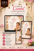 Little Princess Floral Annaprasana Invitation | Editable Canva Template | Instant Download