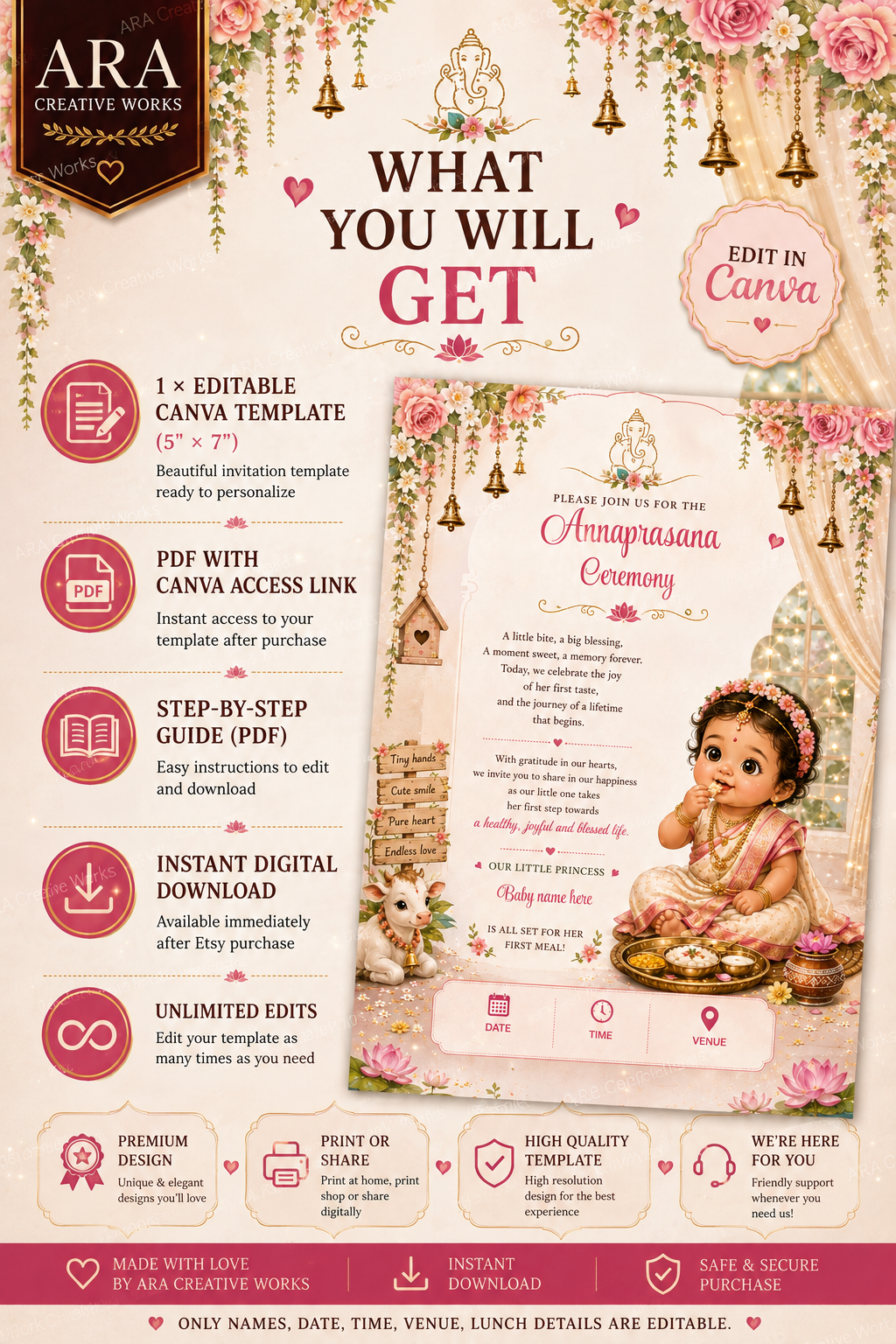 Little Princess Floral Annaprasana Invitation | Editable Canva Template | Instant Download
