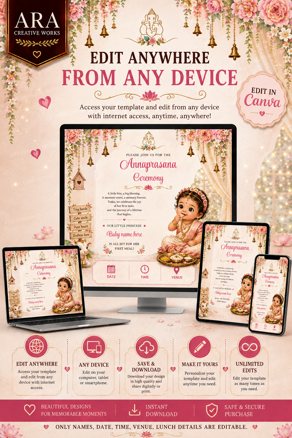 Little Princess Floral Annaprasana Invitation | Editable Canva Template | Instant Download