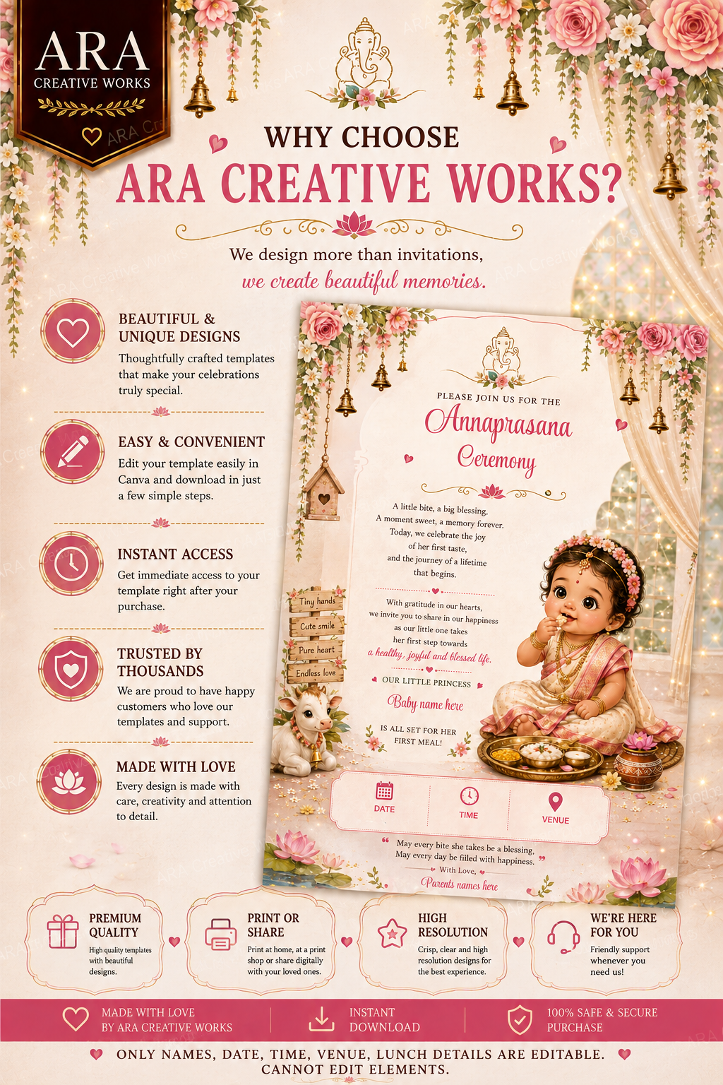 Little Princess Floral Annaprasana Invitation | Editable Canva Template | Instant Download