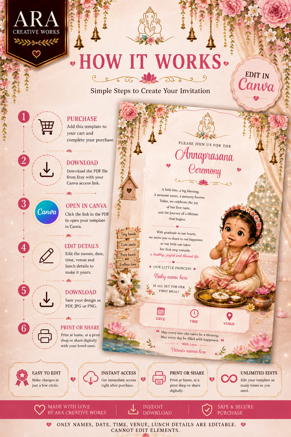 Little Princess Floral Annaprasana Invitation | Editable Canva Template | Instant Download