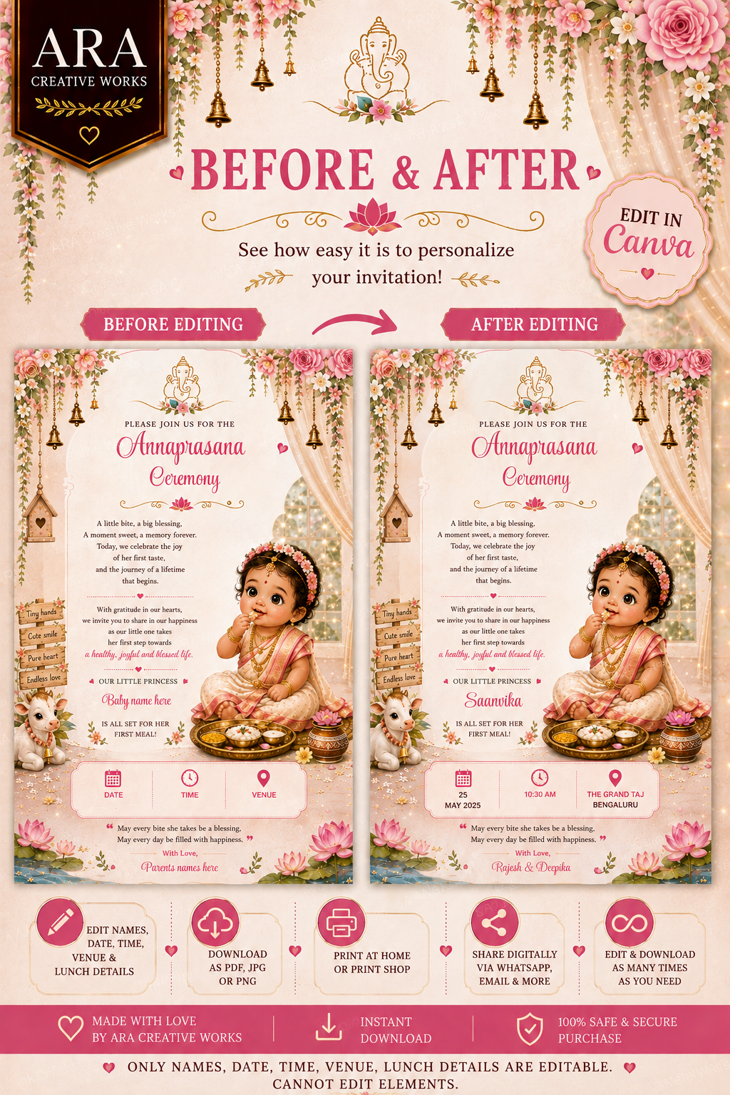 Little Princess Floral Annaprasana Invitation | Editable Canva Template | Instant Download