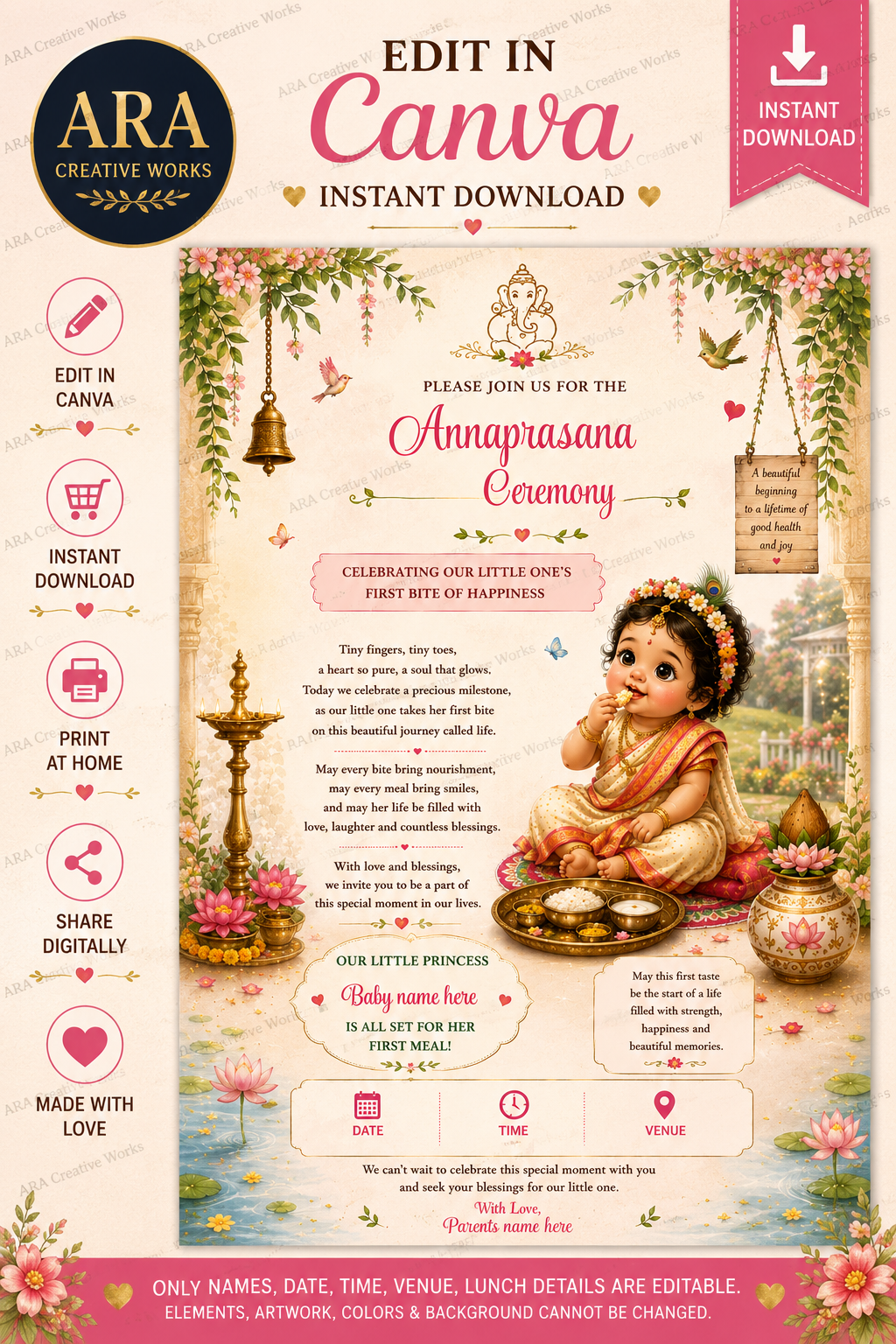 Little Princess Traditional Annaprasana Invitation | Editable Canva Template | Instant Download