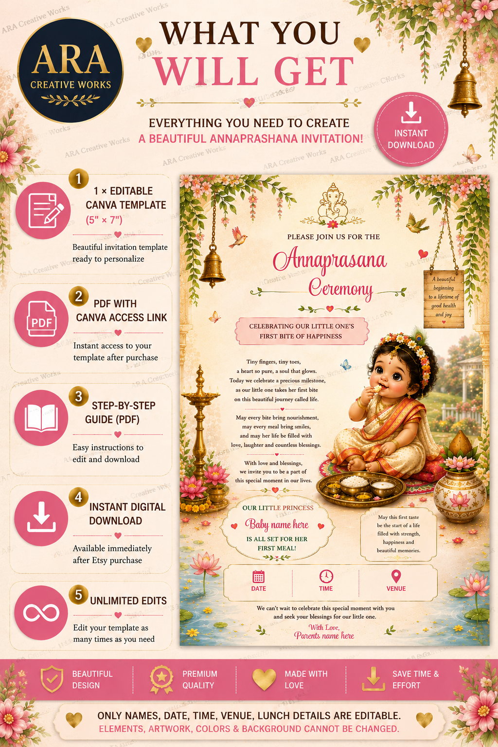 Little Princess Traditional Annaprasana Invitation | Editable Canva Template | Instant Download