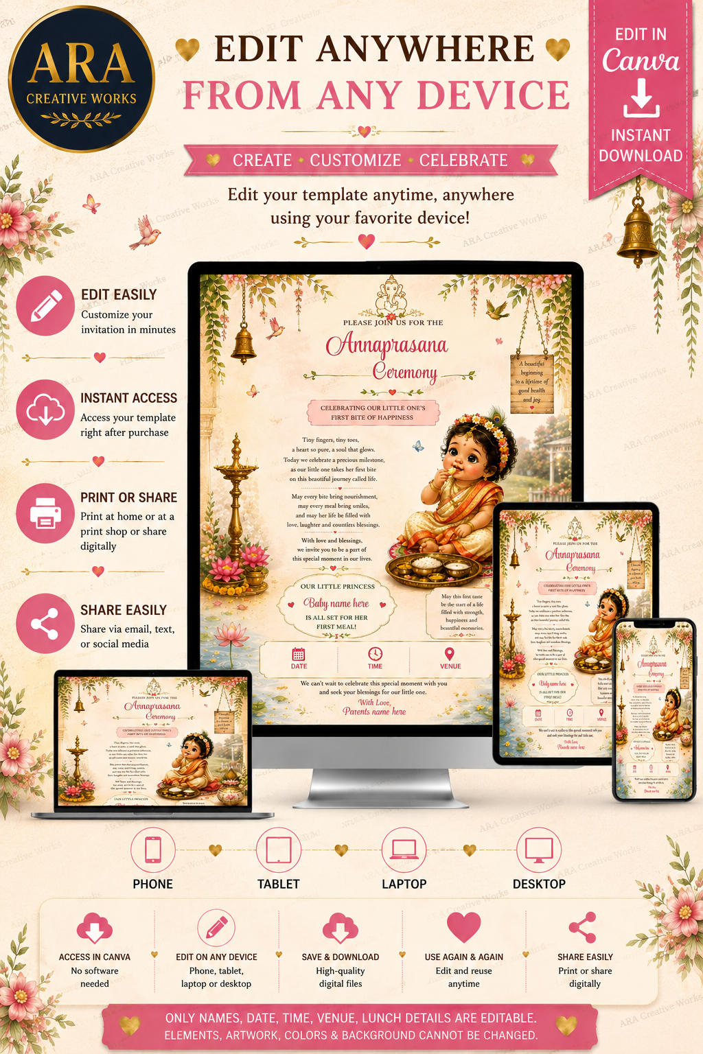 Little Princess Traditional Annaprasana Invitation | Editable Canva Template | Instant Download