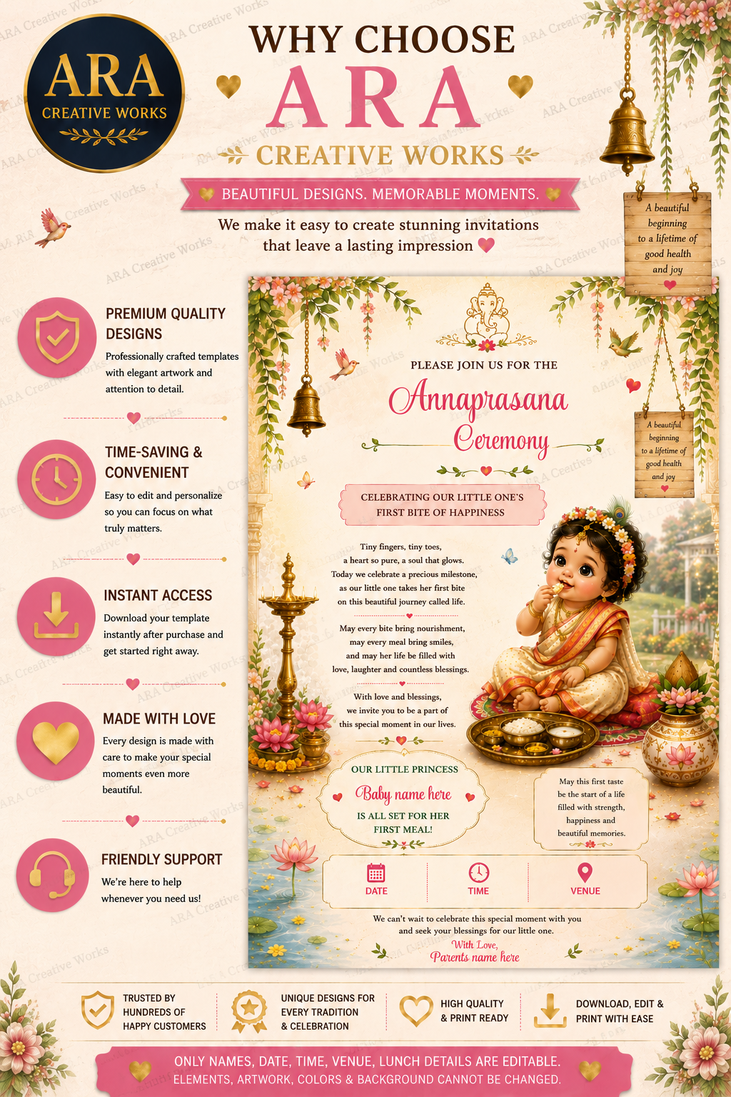 Little Princess Traditional Annaprasana Invitation | Editable Canva Template | Instant Download