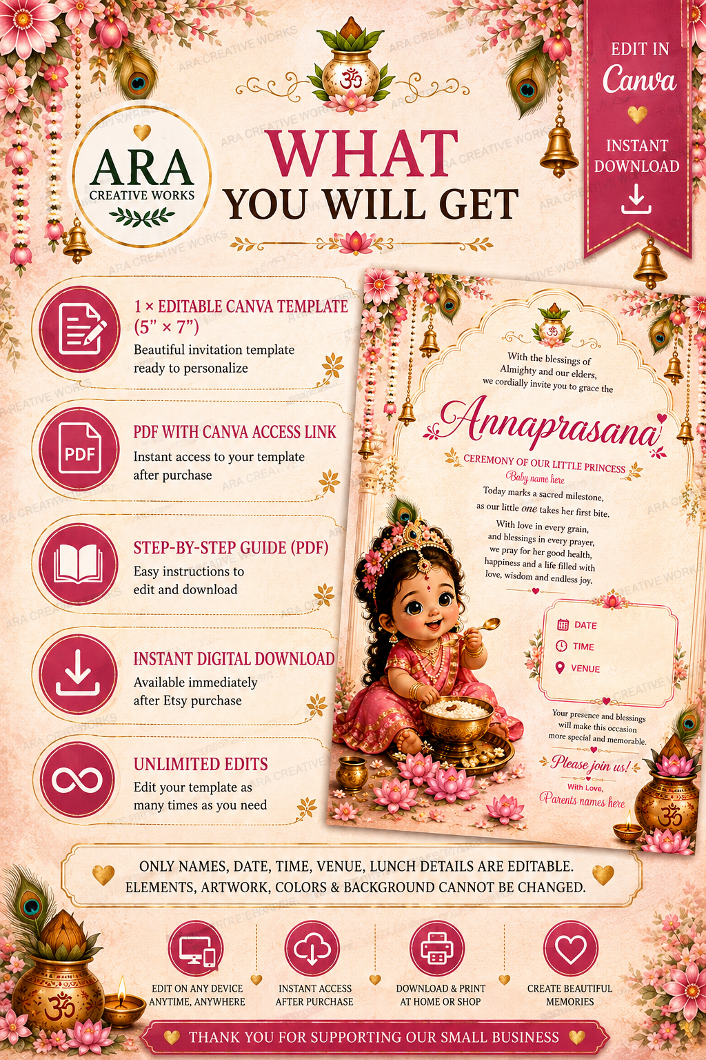 Little Radha Annaprasanna Ceremony Invitation | Editable Canva Baby Girl First Rice Ceremony Invite