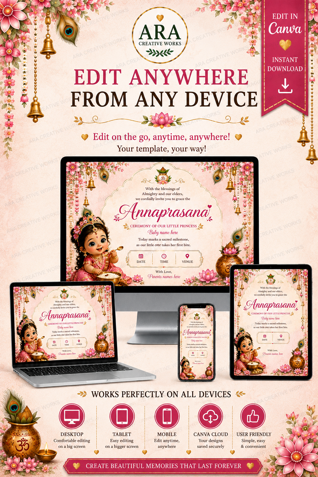 Little Radha Annaprasanna Ceremony Invitation | Editable Canva Baby Girl First Rice Ceremony Invite