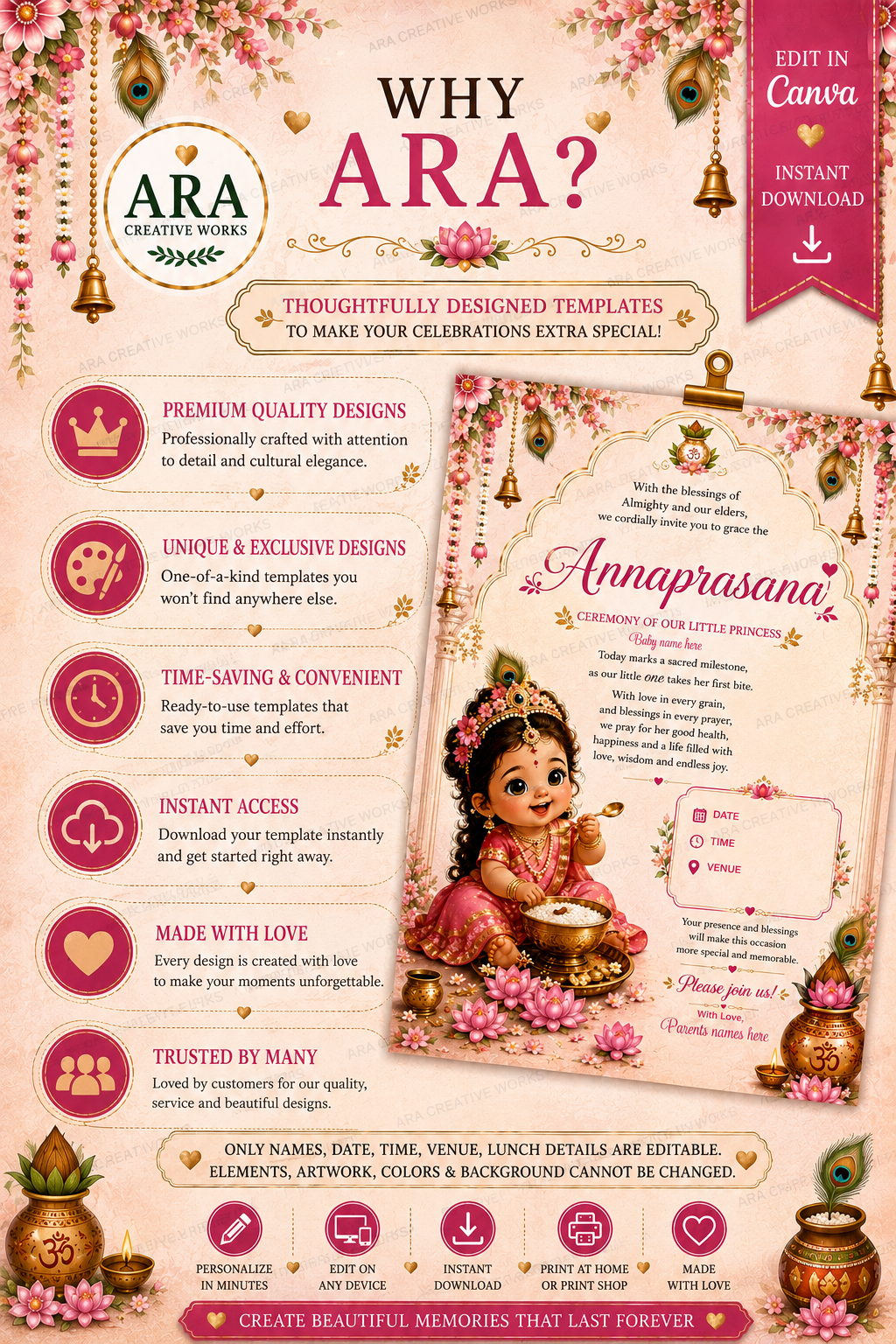 Little Radha Annaprasanna Ceremony Invitation | Editable Canva Baby Girl First Rice Ceremony Invite