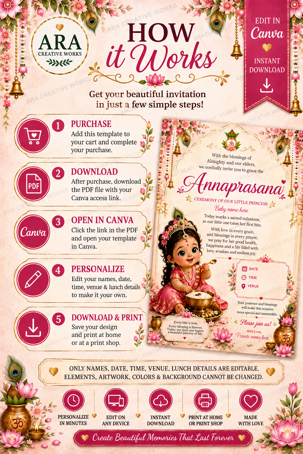 Little Radha Annaprasanna Ceremony Invitation | Editable Canva Baby Girl First Rice Ceremony Invite