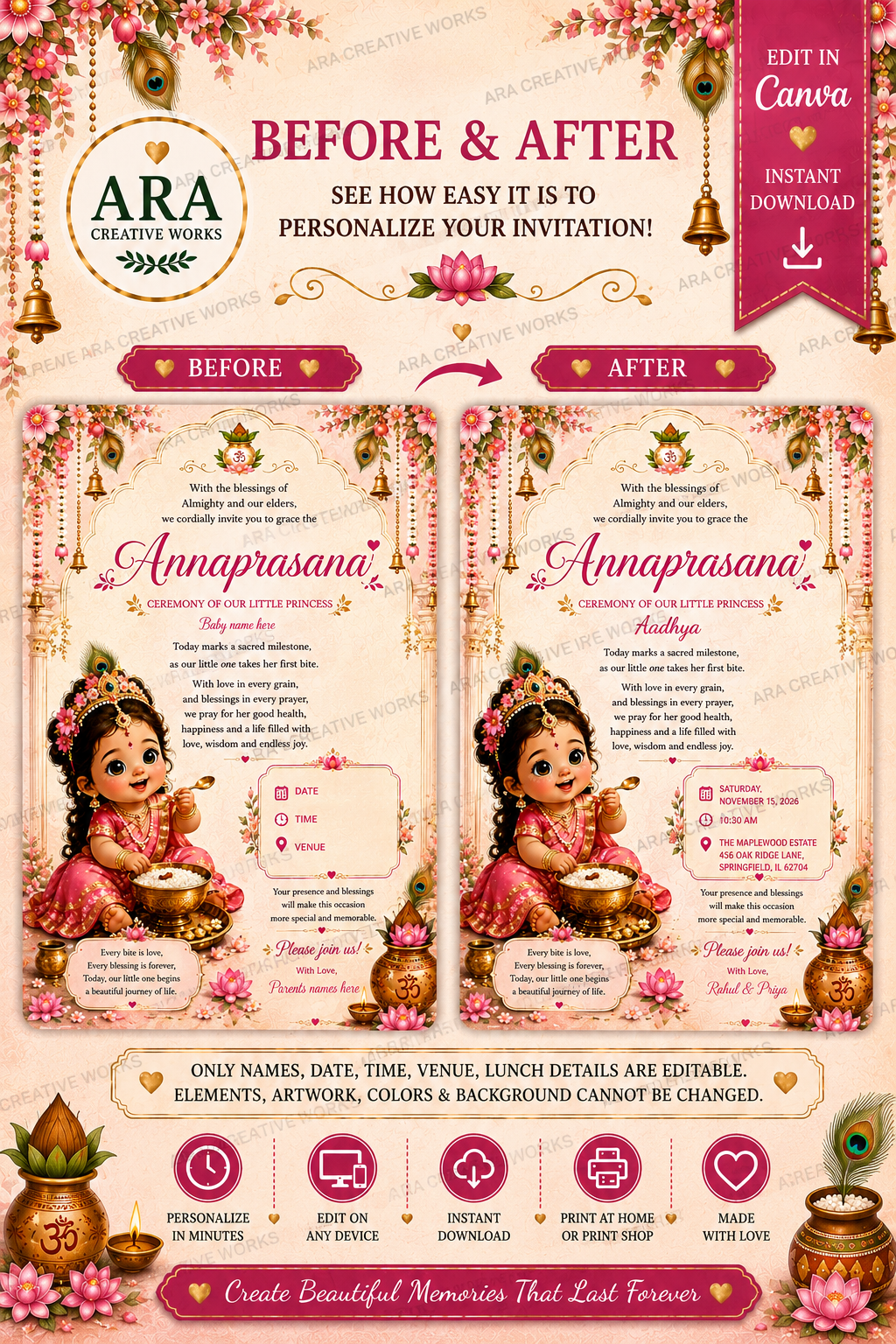 Little Radha Annaprasanna Ceremony Invitation | Editable Canva Baby Girl First Rice Ceremony Invite