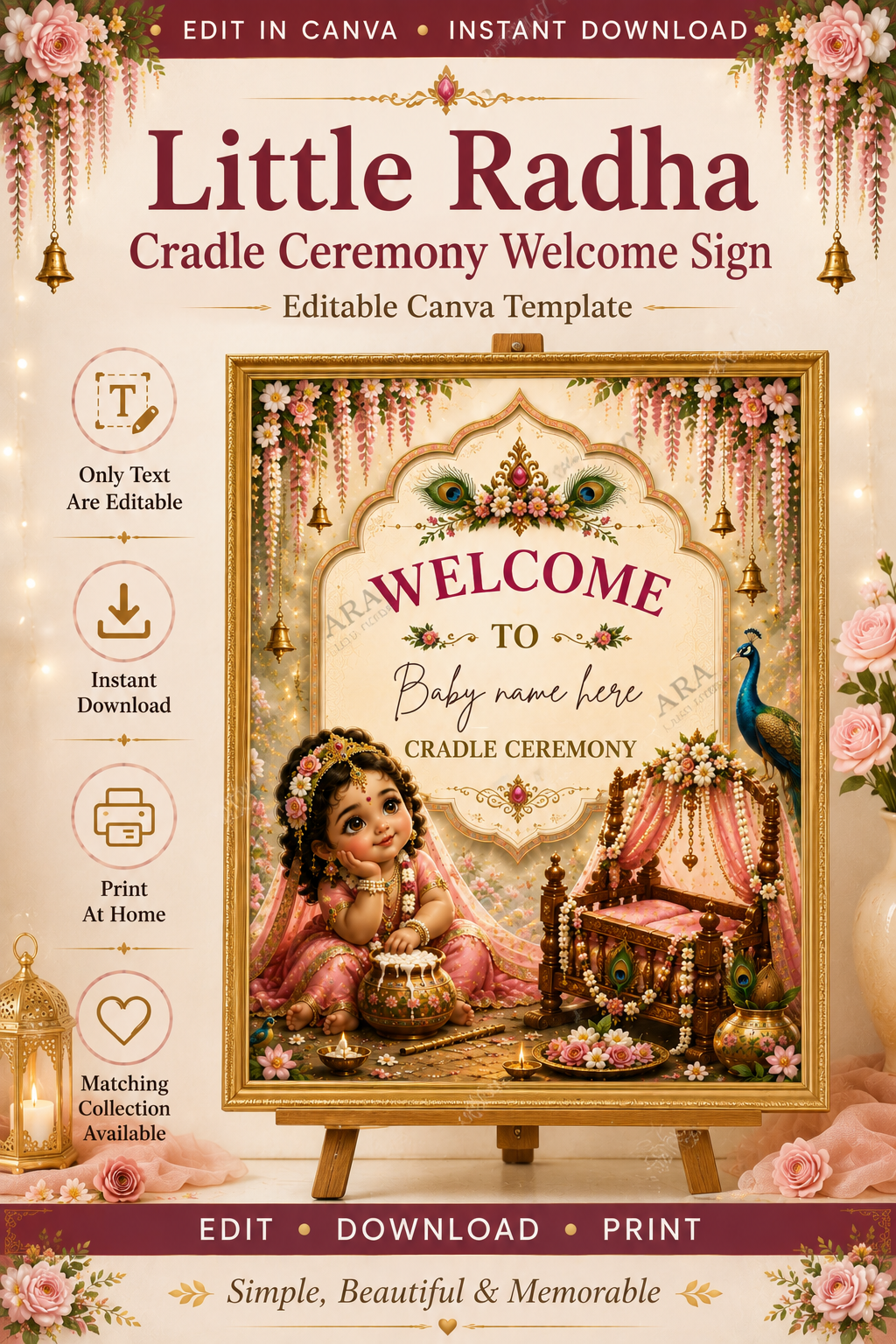 Little Radha Cradle Ceremony Welcome Sign | Editable Canva Template