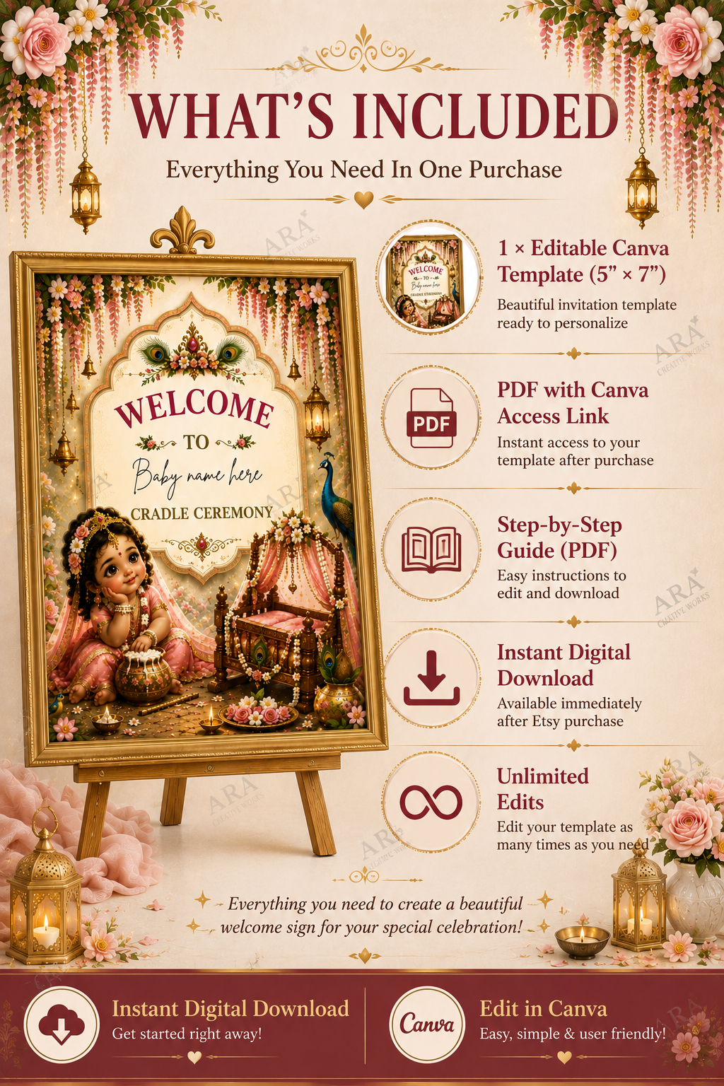 Little Radha Cradle Ceremony Welcome Sign | Editable Canva Template