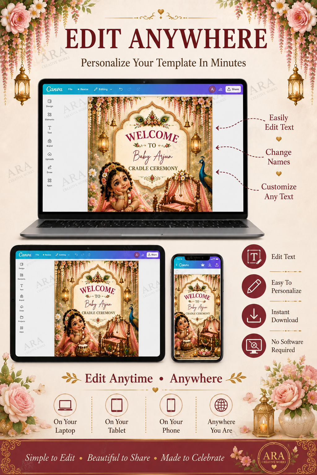 Little Radha Cradle Ceremony Welcome Sign | Editable Canva Template