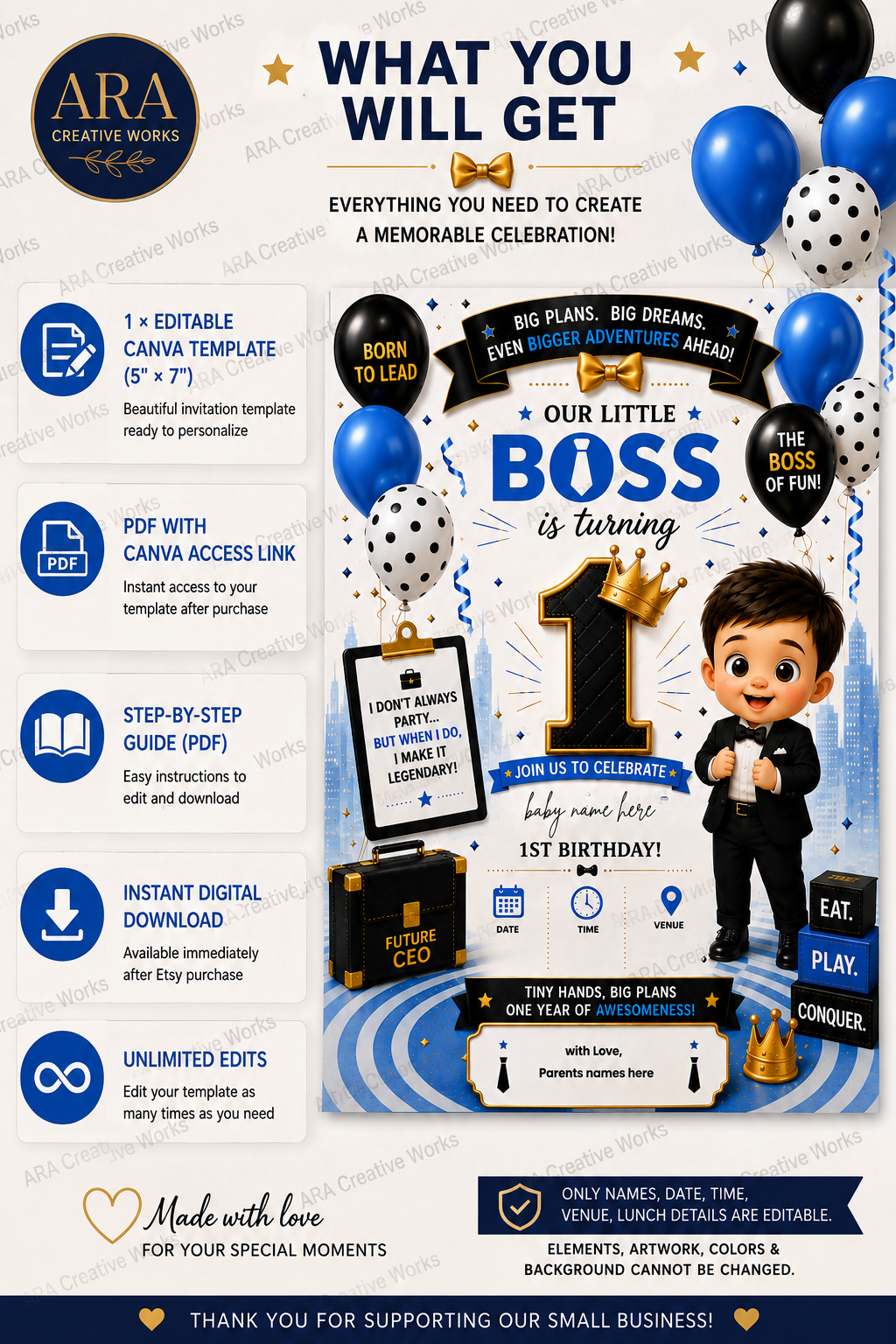 Little Boss 1st Birthday Invitation Template | Editable Canva Birthday Invitation | Instant Digital Download