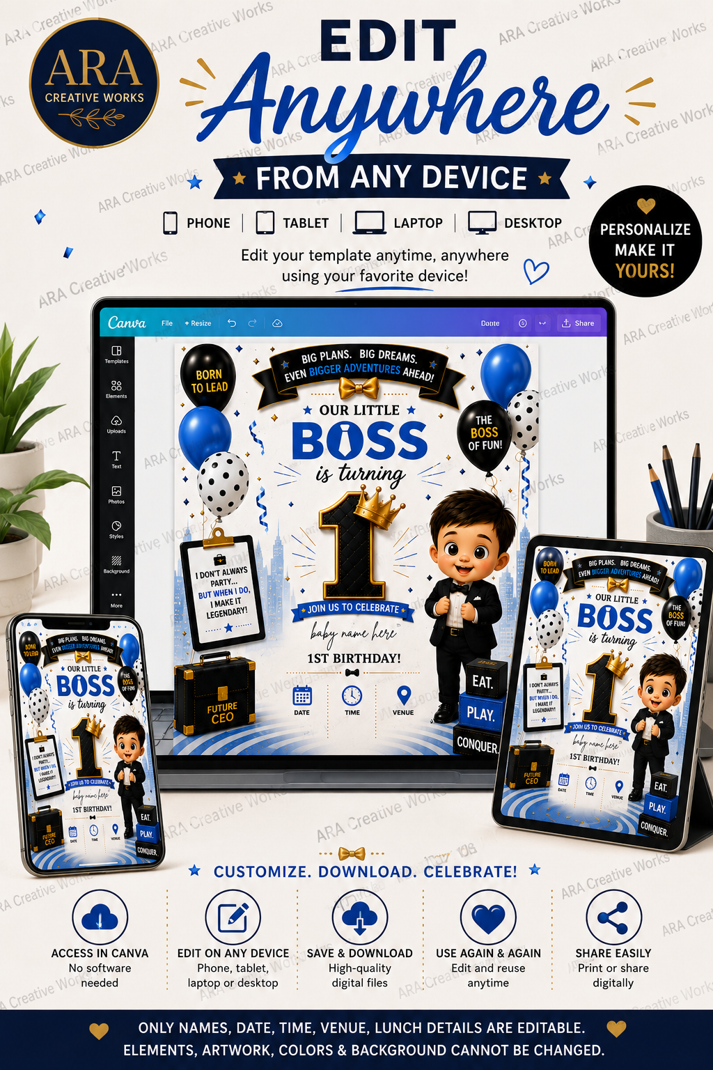 Little Boss 1st Birthday Invitation Template | Editable Canva Birthday Invitation | Instant Digital Download
