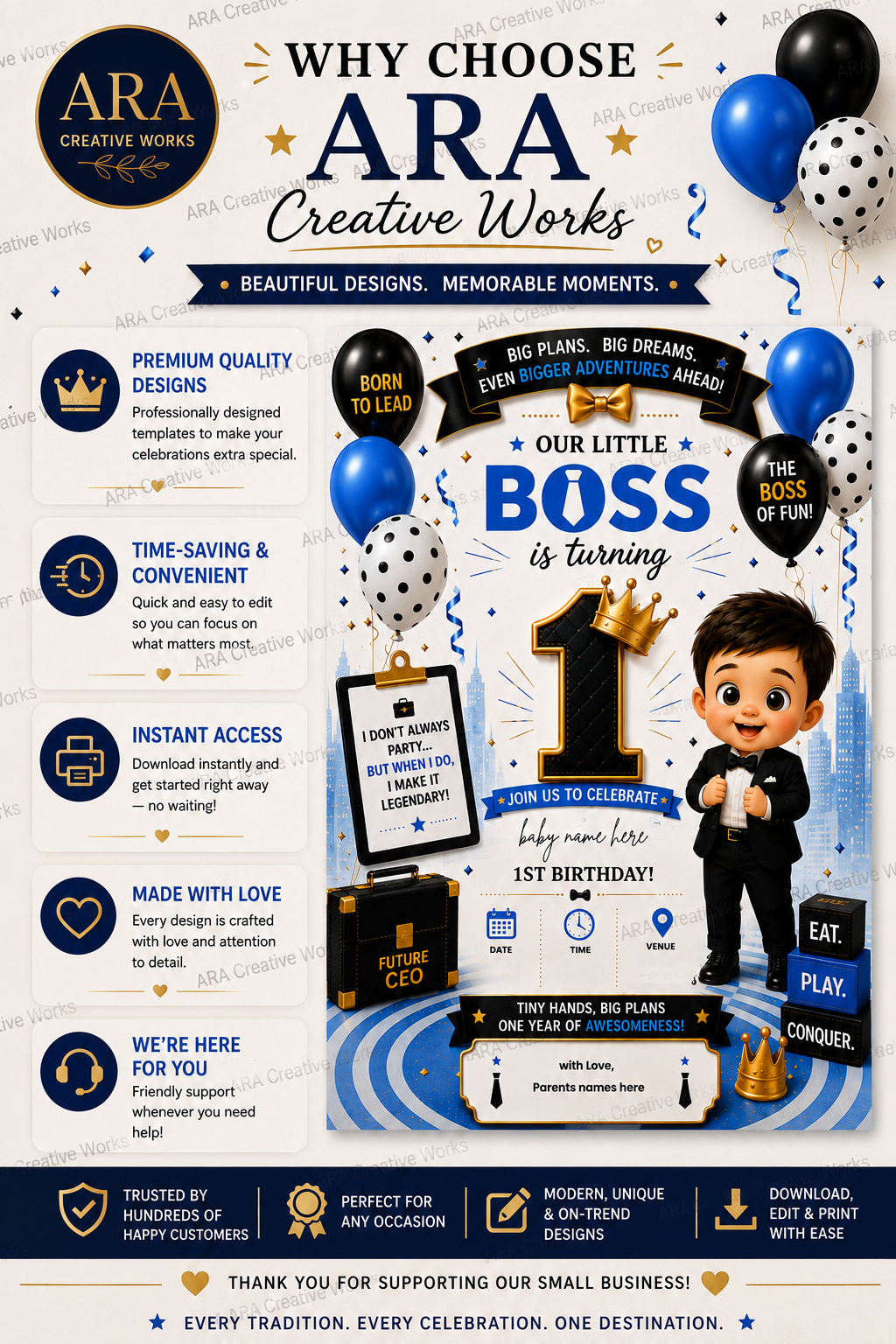 Little Boss 1st Birthday Invitation Template | Editable Canva Birthday Invitation | Instant Digital Download