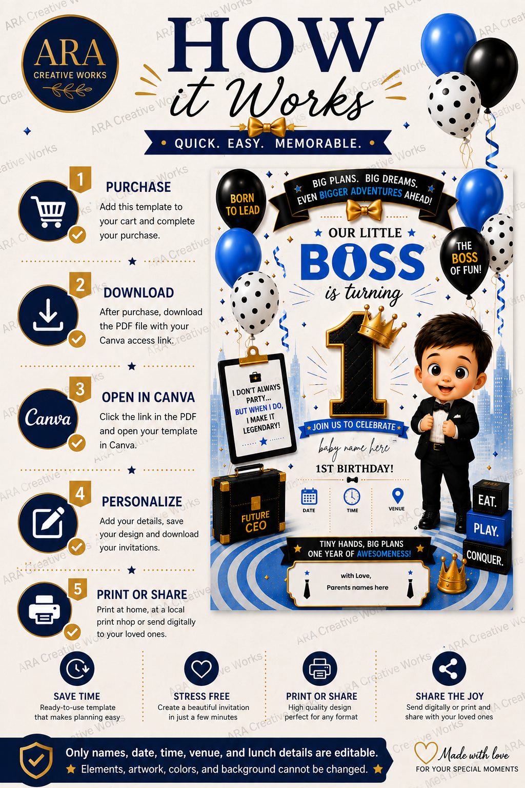 Little Boss 1st Birthday Invitation Template | Editable Canva Birthday Invitation | Instant Digital Download