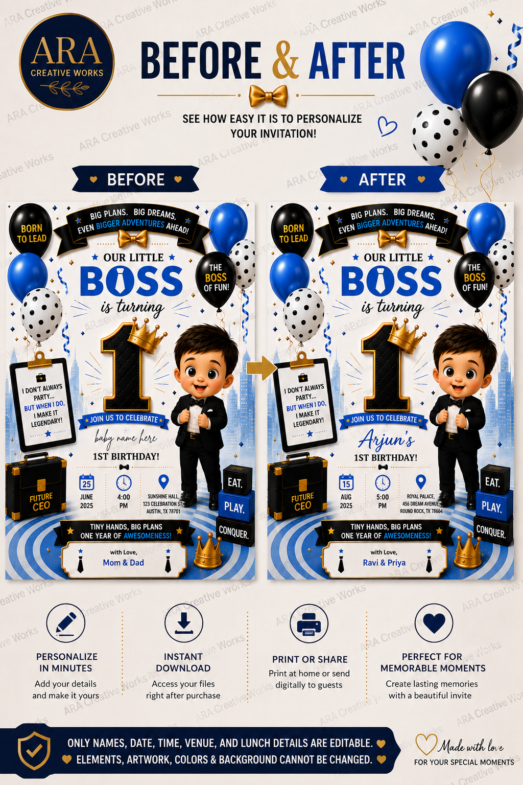 Little Boss 1st Birthday Invitation Template | Editable Canva Birthday Invitation | Instant Digital Download