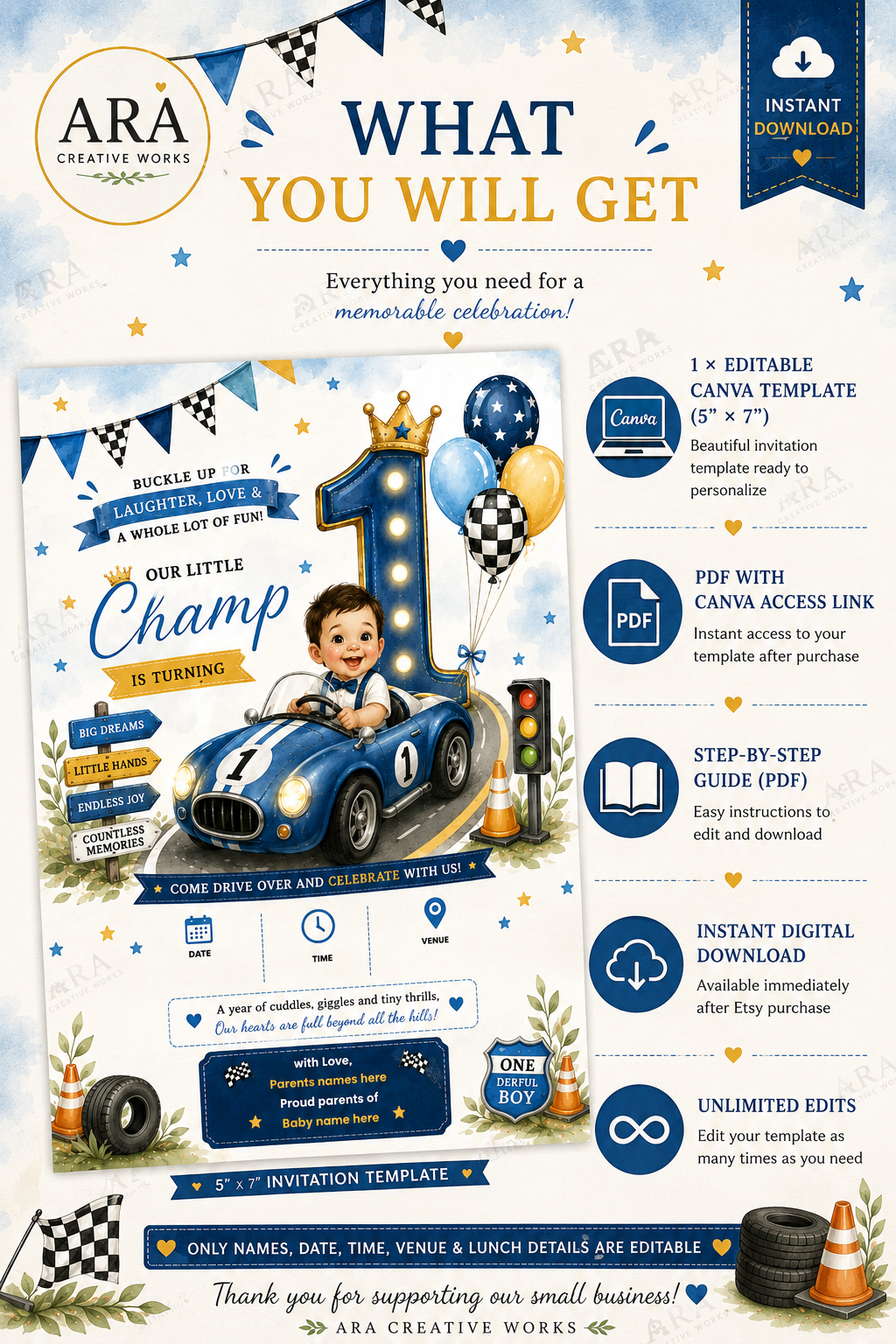 Little Champ Race Car 1st Birthday Invitation Template | Editable Canva Birthday Invite | Instant Digital Download