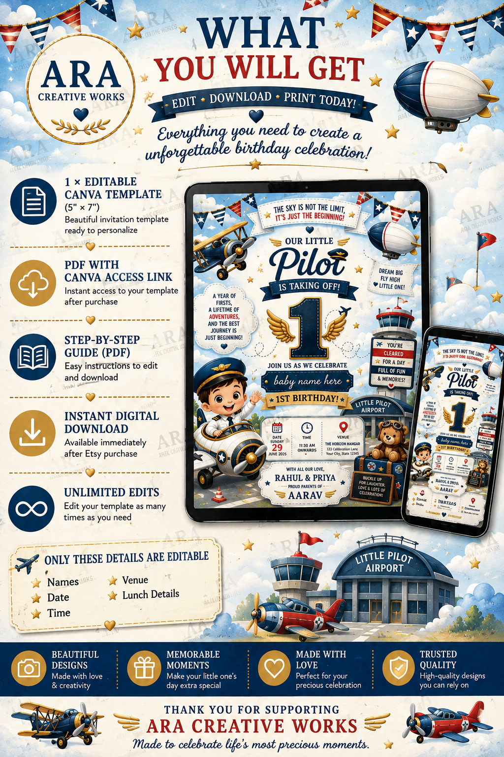 Little Pilot 1st Birthday Invitation Template | Editable Canva Airplane Birthday Invite | Instant Digital Download