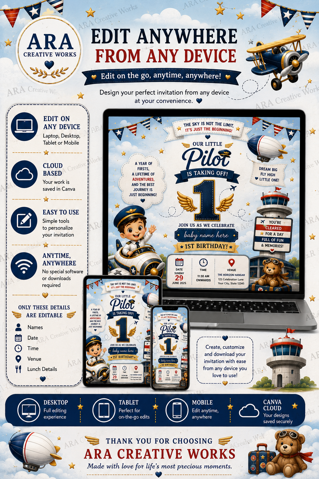 Little Pilot 1st Birthday Invitation Template | Editable Canva Airplane Birthday Invite | Instant Digital Download