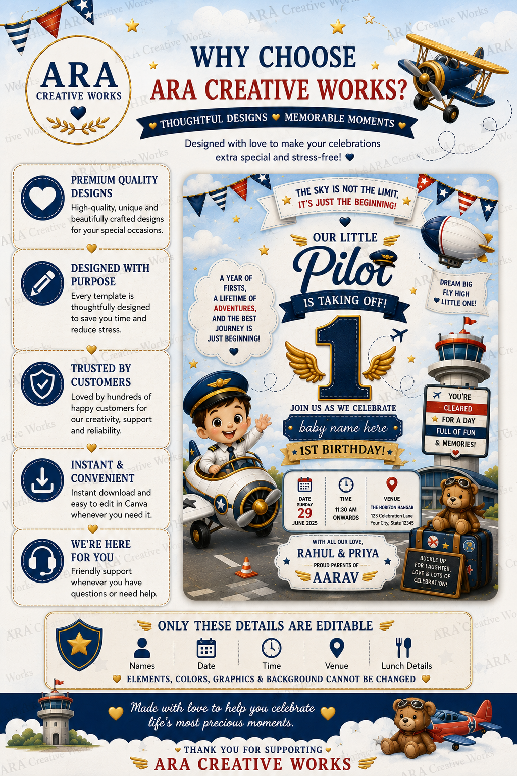 Little Pilot 1st Birthday Invitation Template | Editable Canva Airplane Birthday Invite | Instant Digital Download