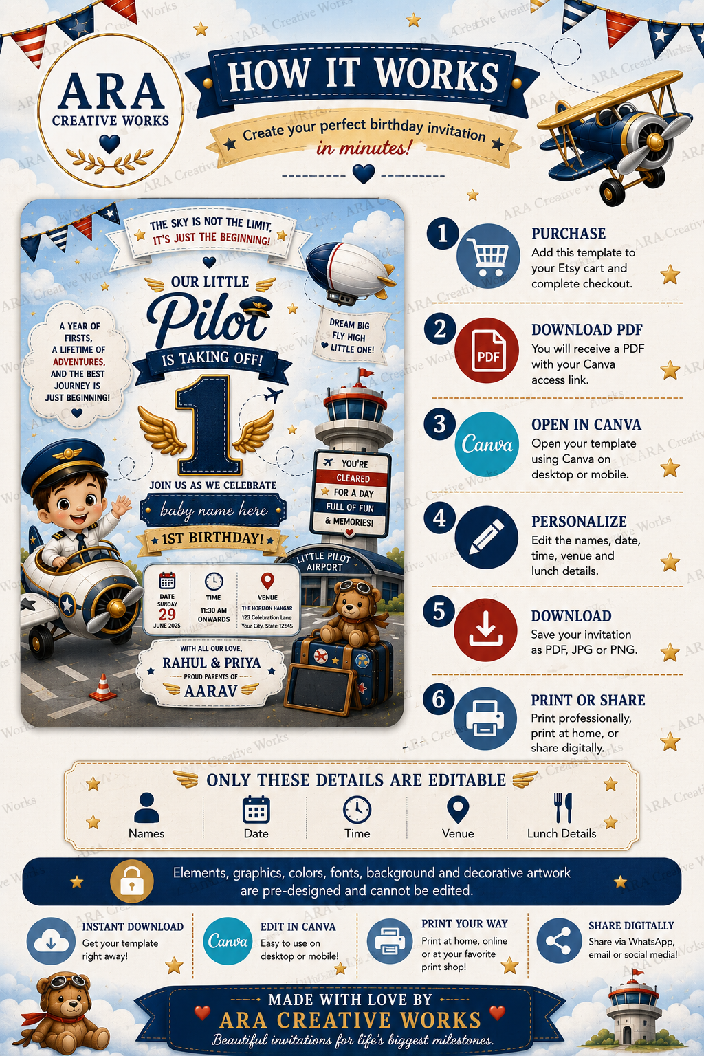 Little Pilot 1st Birthday Invitation Template | Editable Canva Airplane Birthday Invite | Instant Digital Download