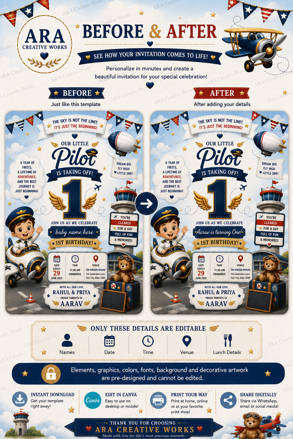 Little Pilot 1st Birthday Invitation Template | Editable Canva Airplane Birthday Invite | Instant Digital Download