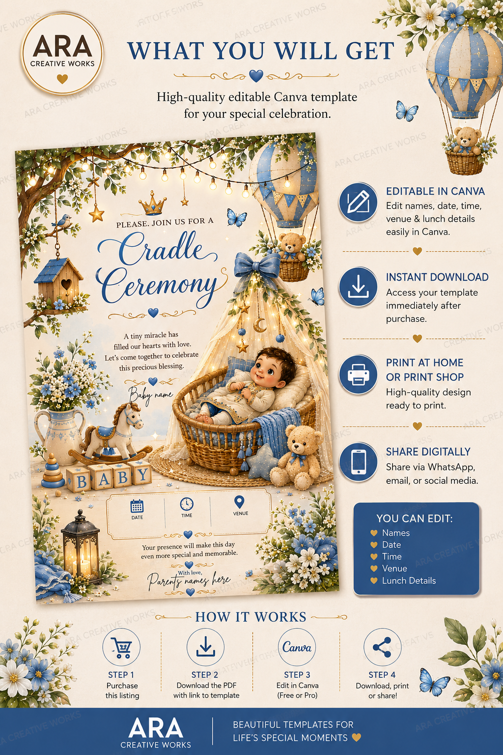 Little Prince Cradle Ceremony Invitation | Editable Canva Template | Royal Baby Boy Naming Invitation | Instant Download
