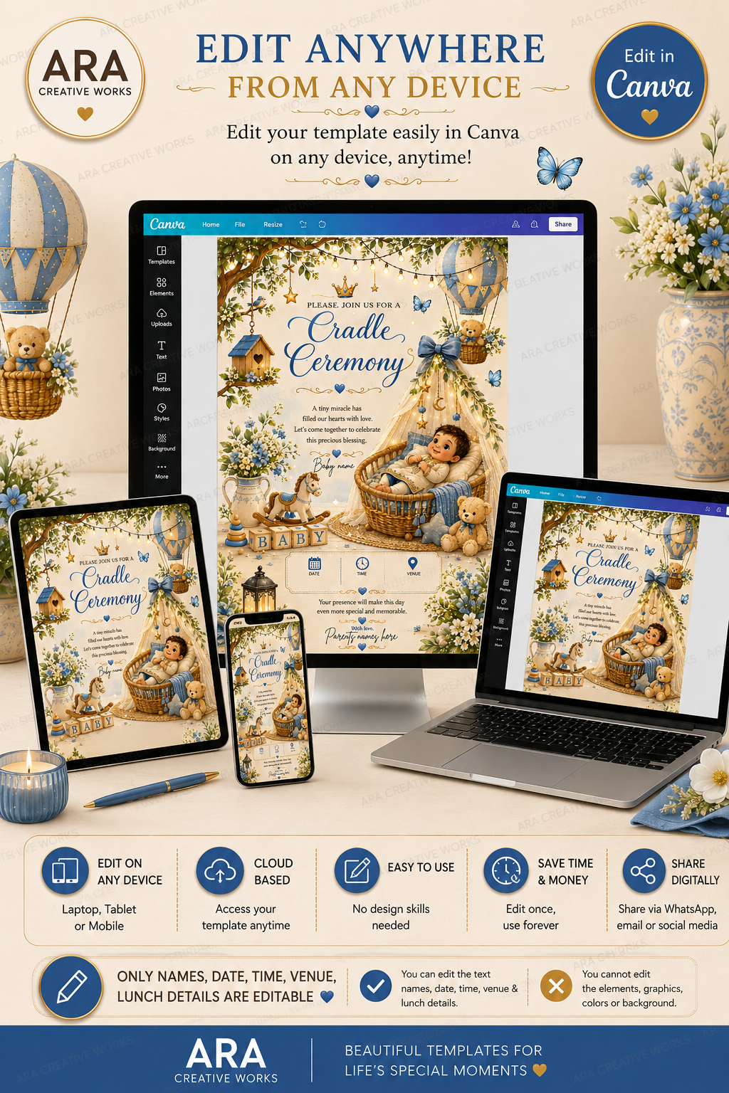 Little Prince Cradle Ceremony Invitation | Editable Canva Template | Royal Baby Boy Naming Invitation | Instant Download