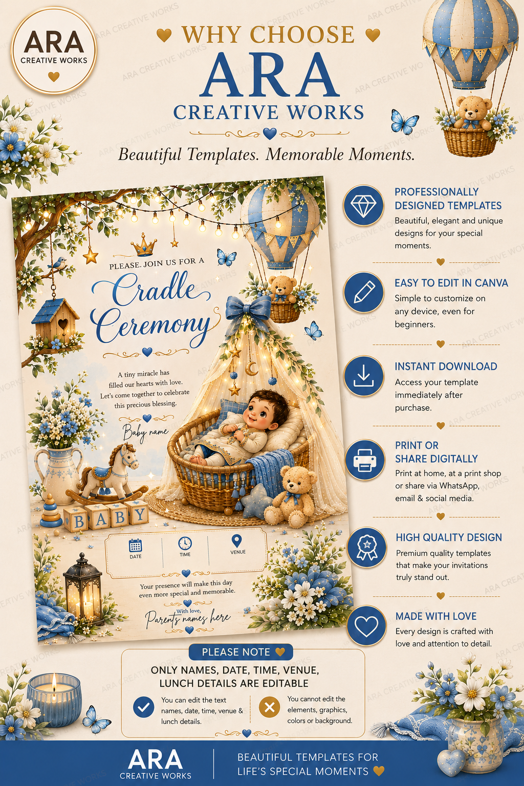 Little Prince Cradle Ceremony Invitation | Editable Canva Template | Royal Baby Boy Naming Invitation | Instant Download