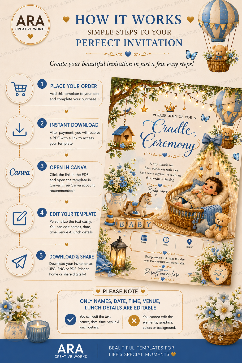 Little Prince Cradle Ceremony Invitation | Editable Canva Template | Royal Baby Boy Naming Invitation | Instant Download