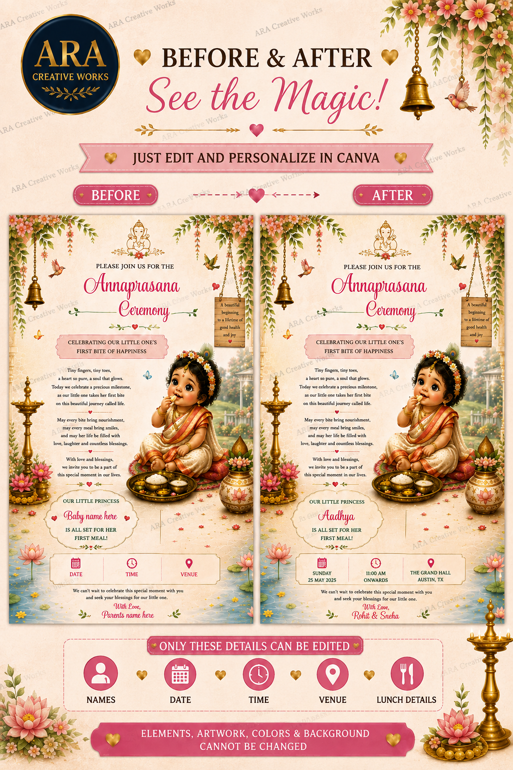 Little Princess Traditional Annaprasana Invitation | Editable Canva Template | Instant Download
