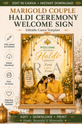 Marigold Couple Haldi Ceremony Welcome Sign | Indian Haldi Welcome Board | Editable Canva Template | Mehndi Wedding Decor | Digital Download