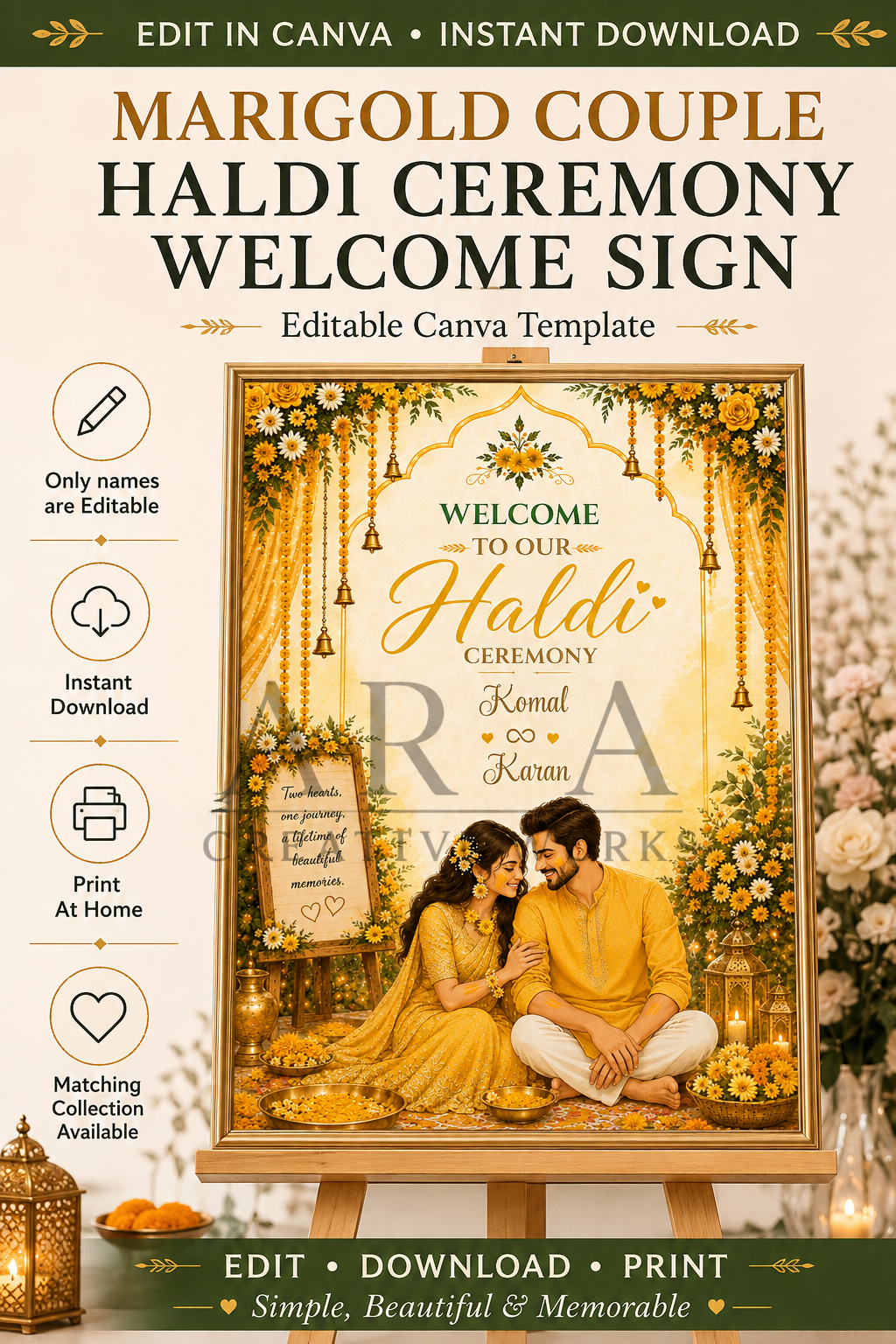 Marigold Couple Haldi Ceremony Welcome Sign | Indian Haldi Welcome Board | Editable Canva Template | Mehndi Wedding Decor | Digital Download
