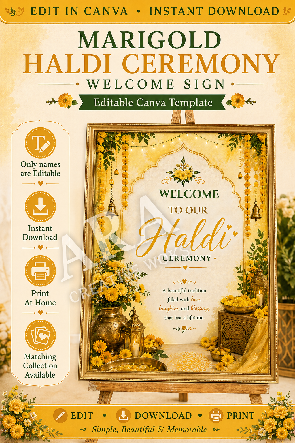 Marigold Haldi Ceremony Welcome Sign | Editable Canva Template | Indian Wedding Welcome Sign