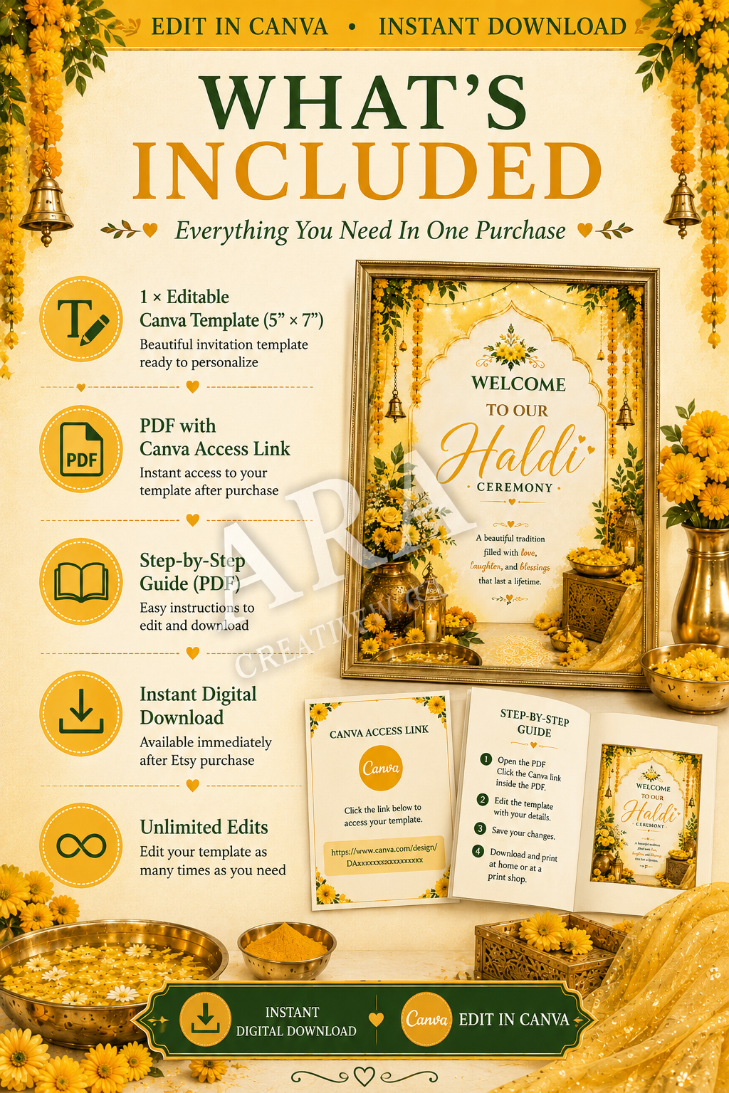 Marigold Haldi Ceremony Welcome Sign | Editable Canva Template | Indian Wedding Welcome Sign