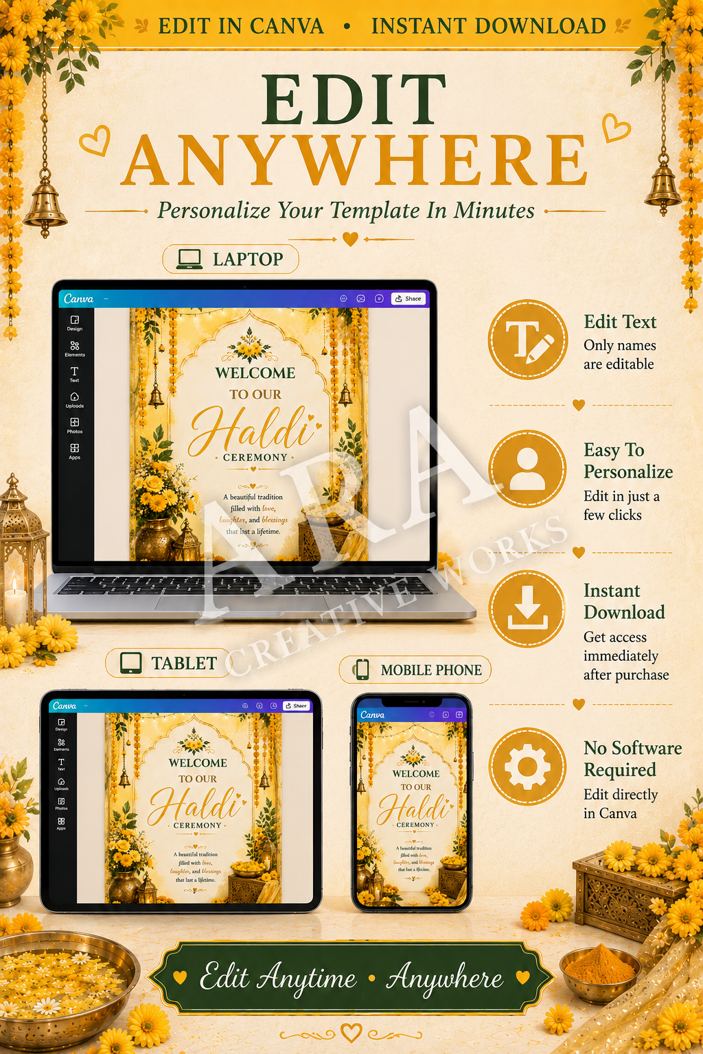 Marigold Haldi Ceremony Welcome Sign | Editable Canva Template | Indian Wedding Welcome Sign