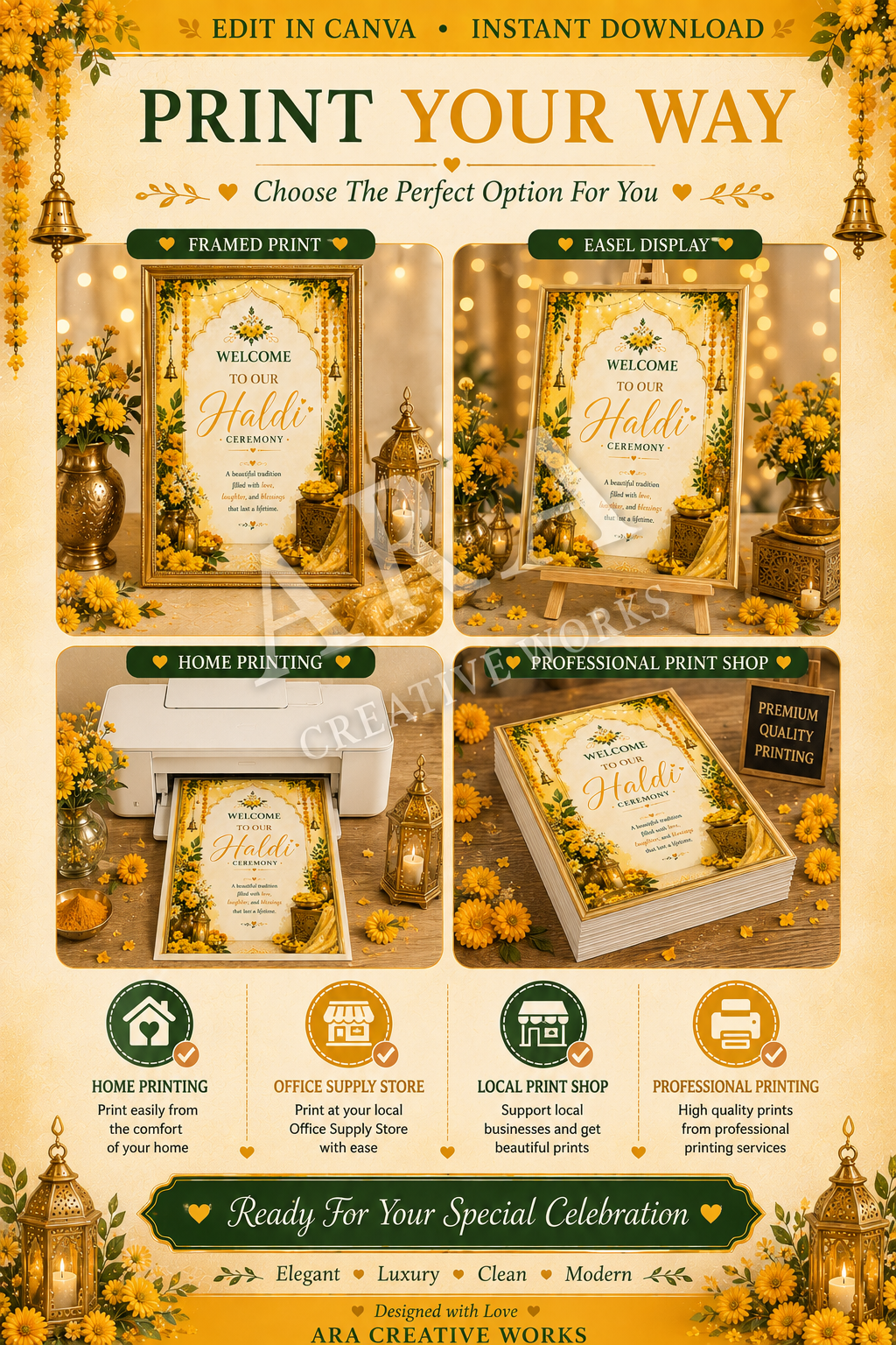 Marigold Haldi Ceremony Welcome Sign | Editable Canva Template | Indian Wedding Welcome Sign