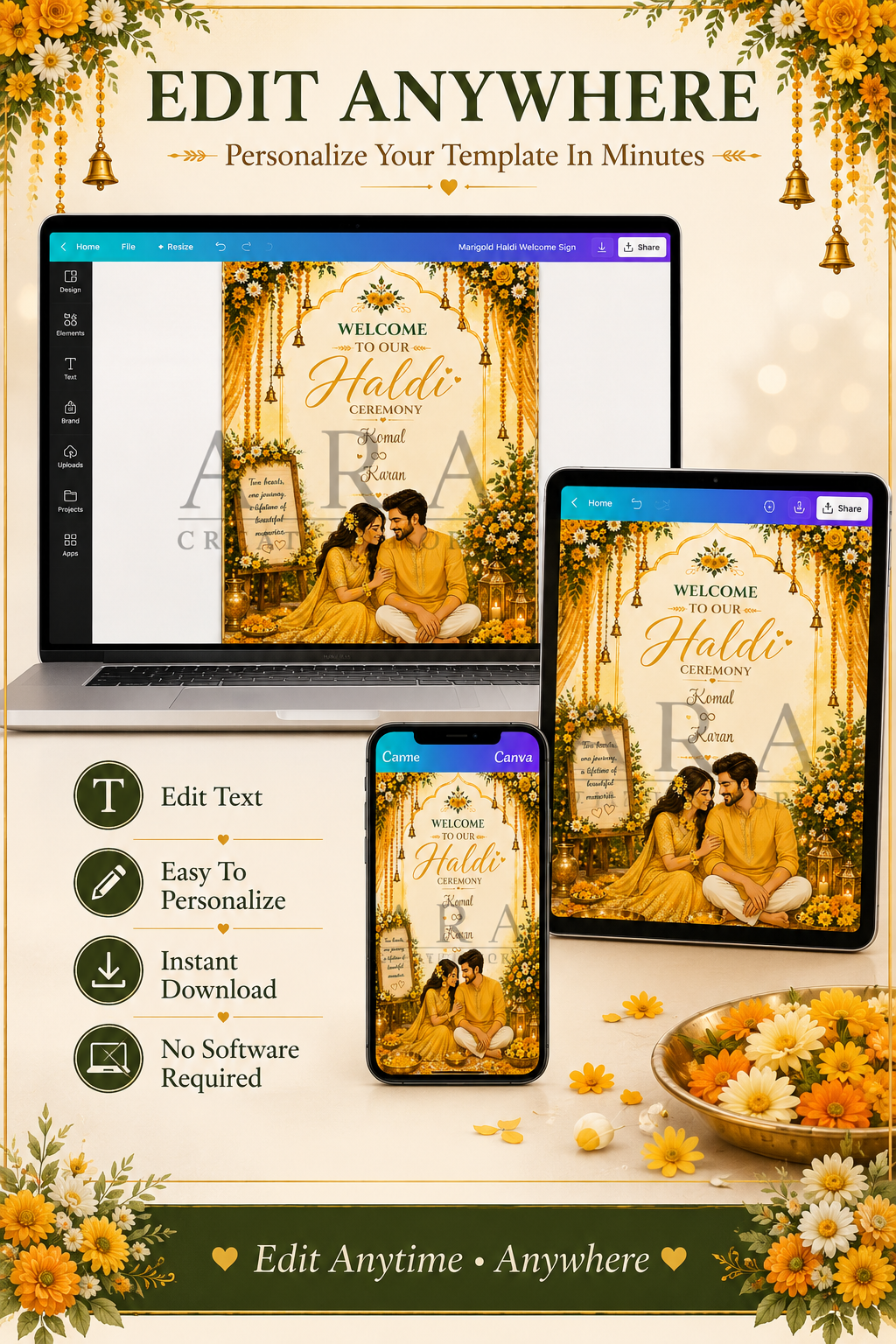 Marigold Couple Haldi Ceremony Welcome Sign | Indian Haldi Welcome Board | Editable Canva Template | Mehndi Wedding Decor | Digital Download
